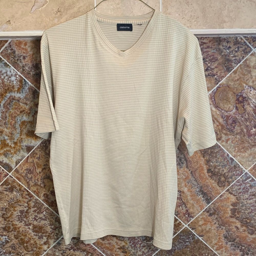 Men's Claiborne Beige & Cream Color Ribbed V Neck Short Sleeve T Shirt XL